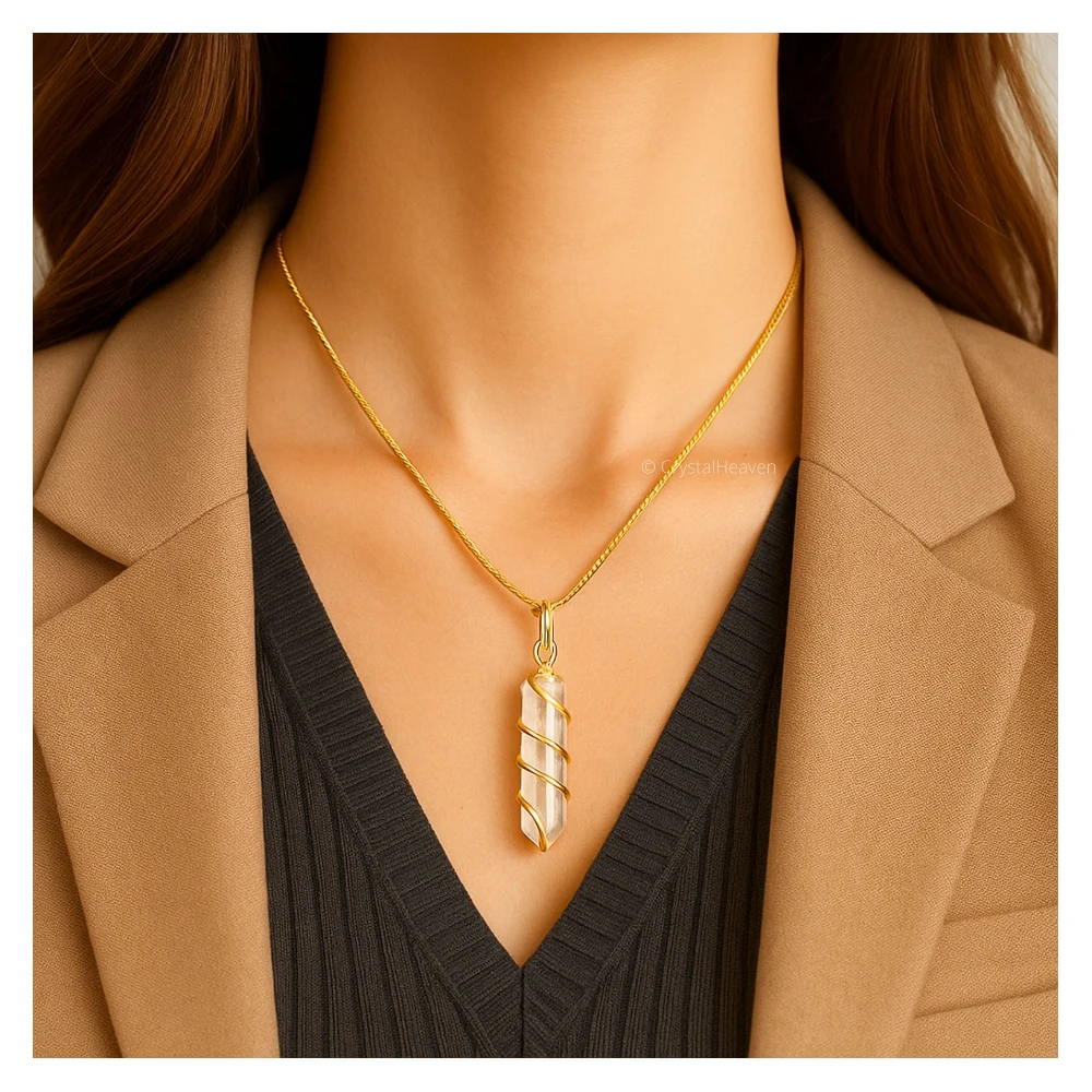 Clear Quartz Necklace - Spiral Pencil Point (Gold)
