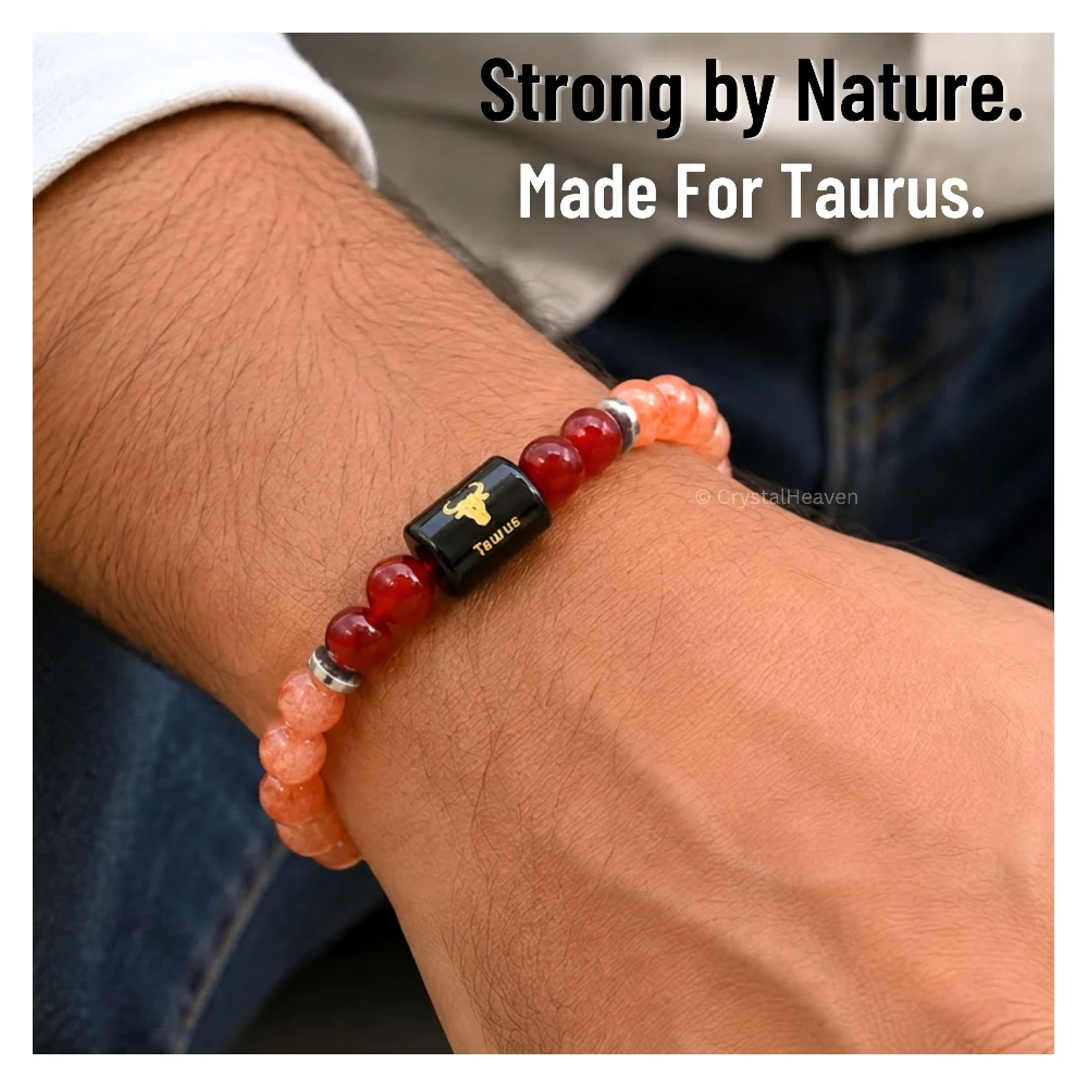 Taurus Bracelet (वृषभ राशि) - Sunstone & Carnelian (With Selenite Plate)