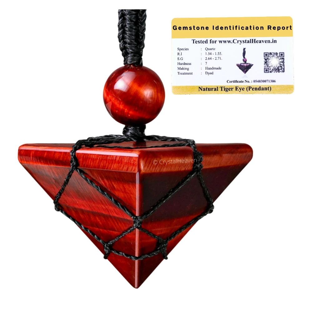 Red Tiger Eye Pyramid Macrame Pendant Necklace