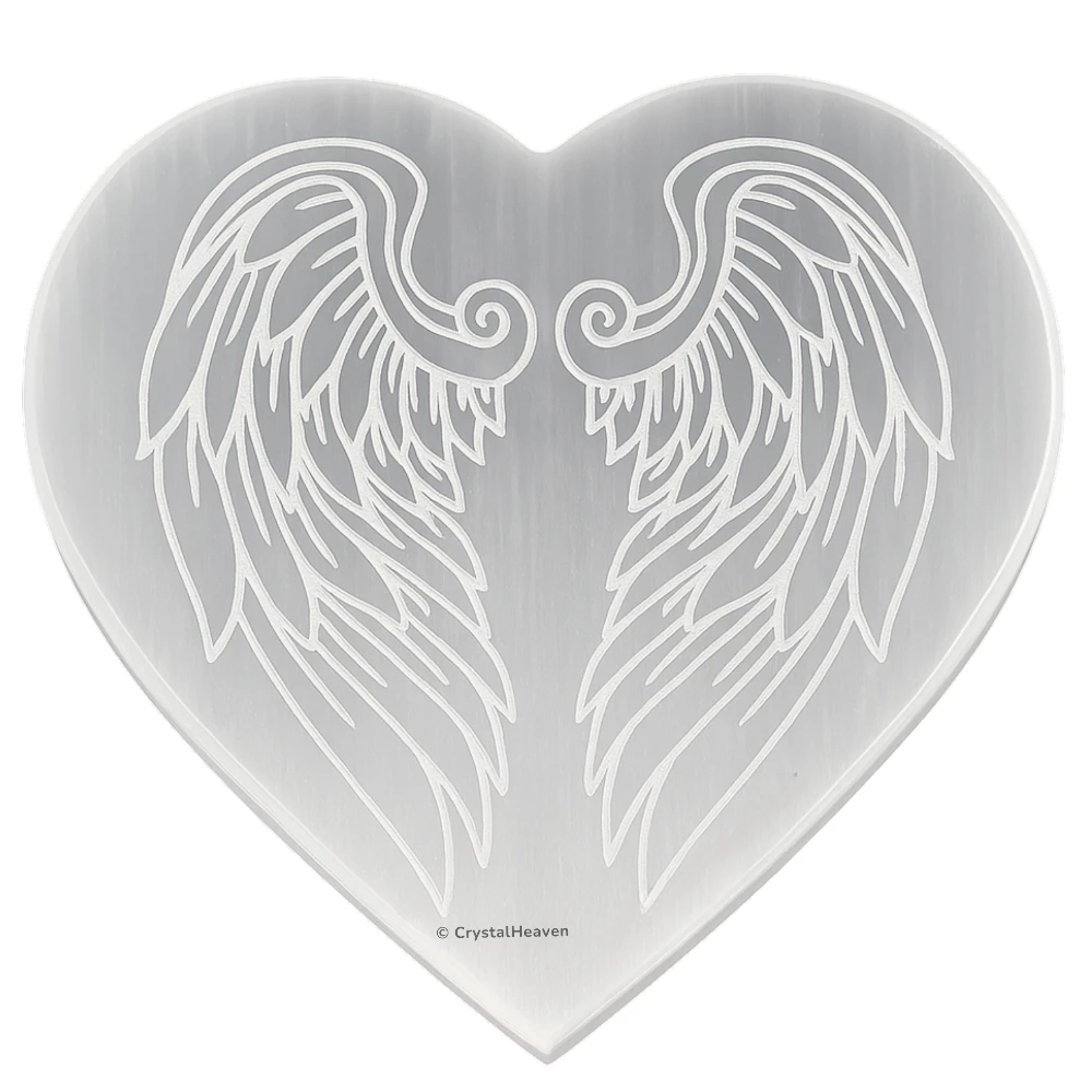 Selenite Charging Plate with Angel Wing Heart (4 Inch)