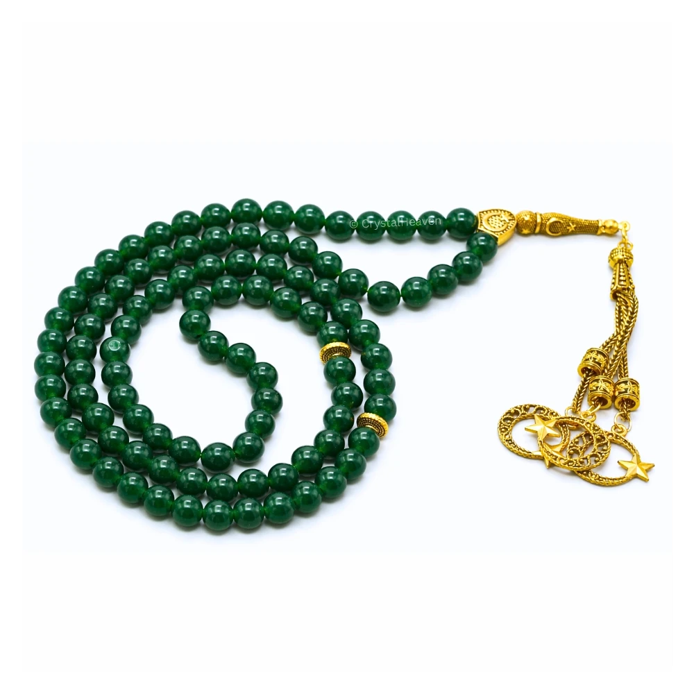 Green Jade (Dye) Crystal Tasbih (Gold)