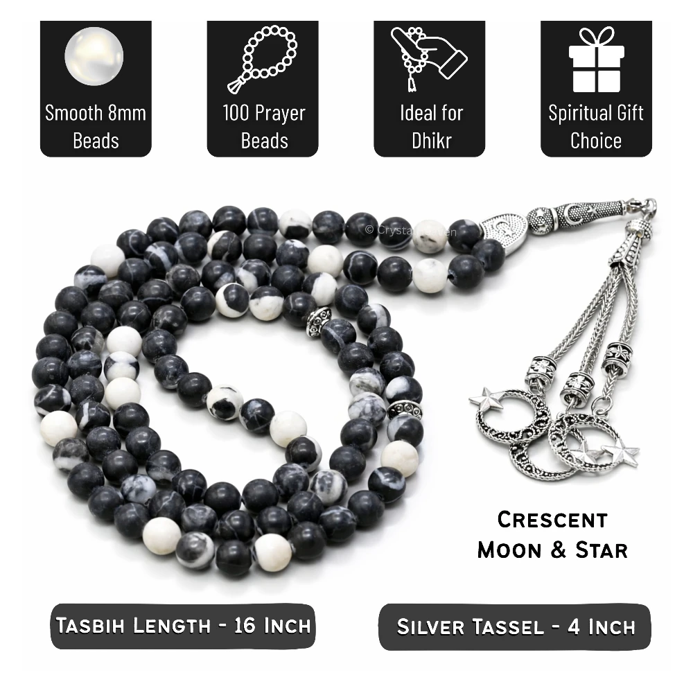 Black and White Jasper Crystal Tasbih (Silver)