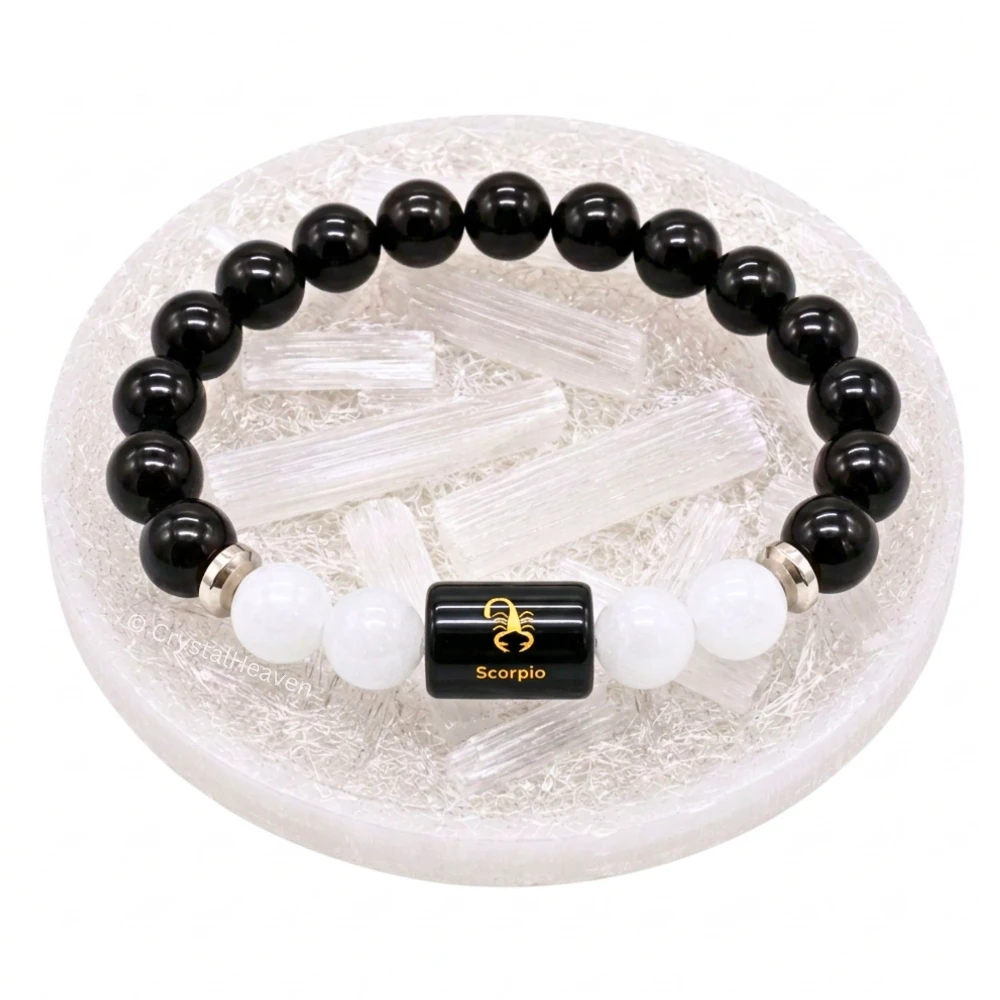 Scorpio Bracelet (वृश्चिक राशि) - Black Obsidian & Milky Quartz (With Selenite Plate)