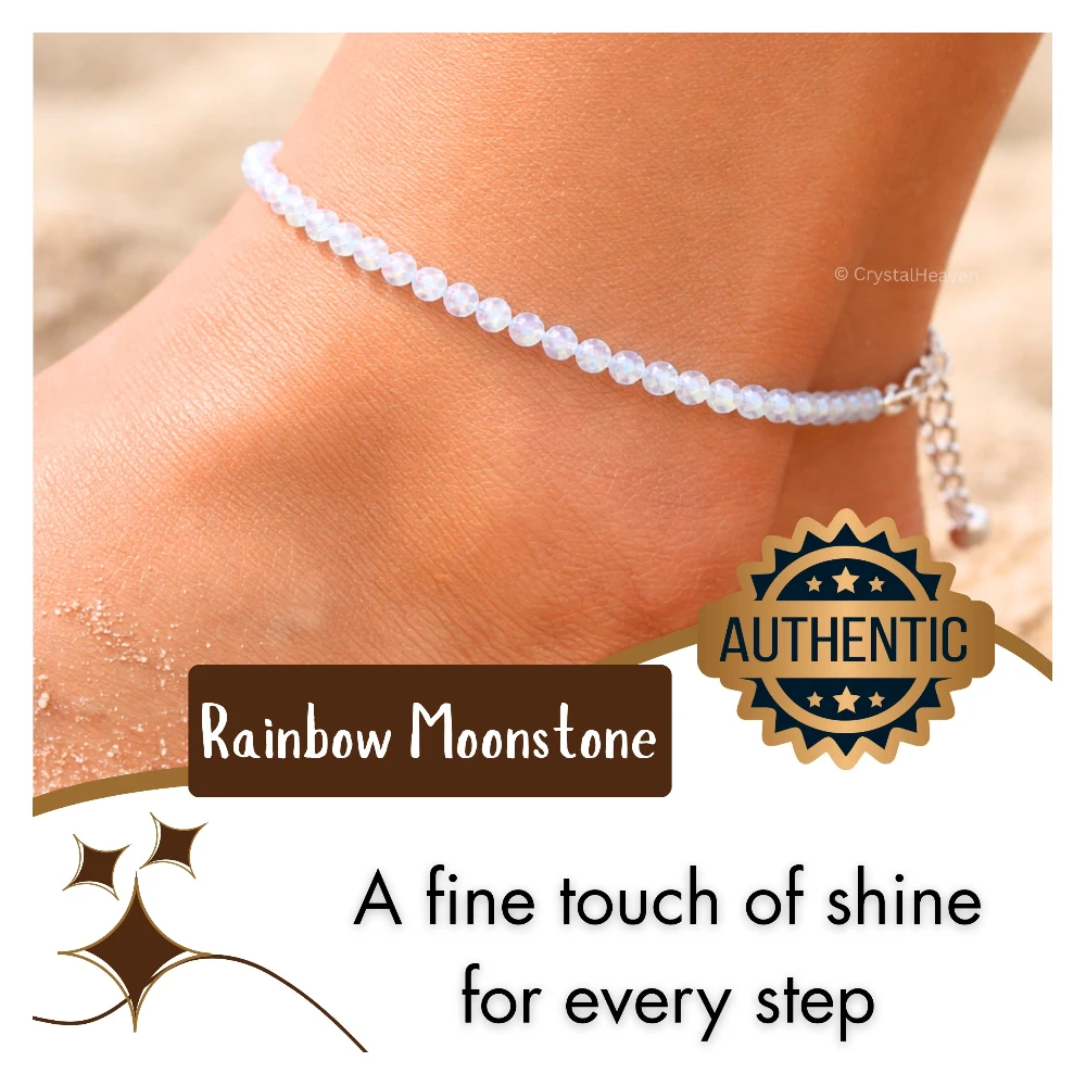 Rainbow Moonstone Anklet - 2mm Faceted Beads (Silver)