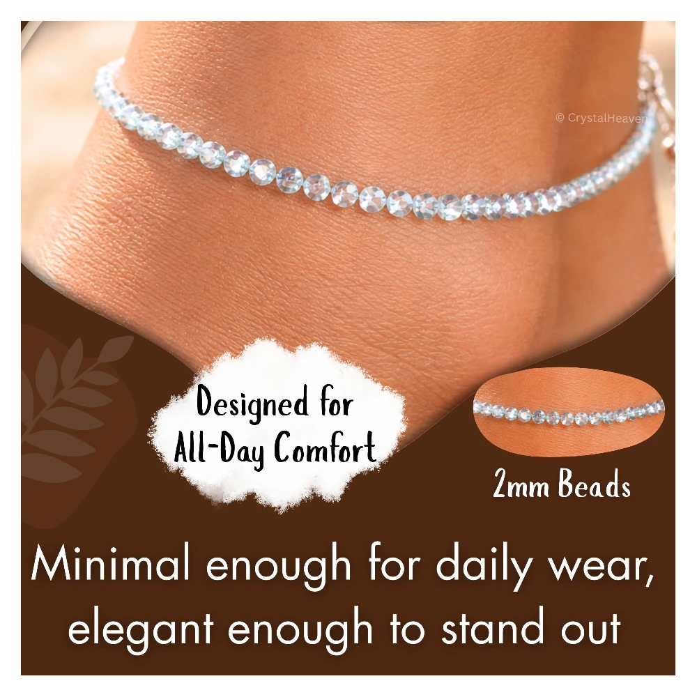 Aquamarine Anklet - 2mm Faceted Beads (Silver)