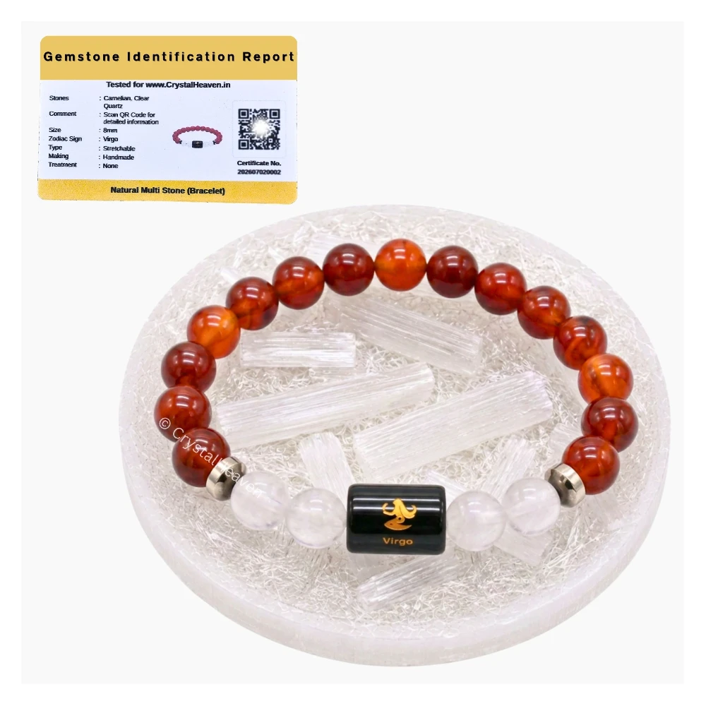 Virgo Bracelet (कन्या राशि) - Carnelian & Milky Quartz (With Selenite Plate)