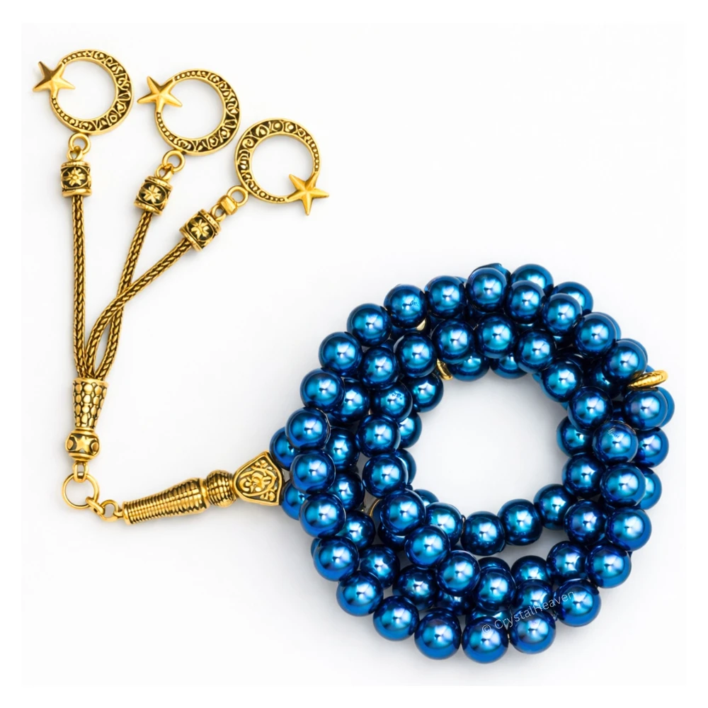 Blue Hematite Crystal Tasbih (Gold)