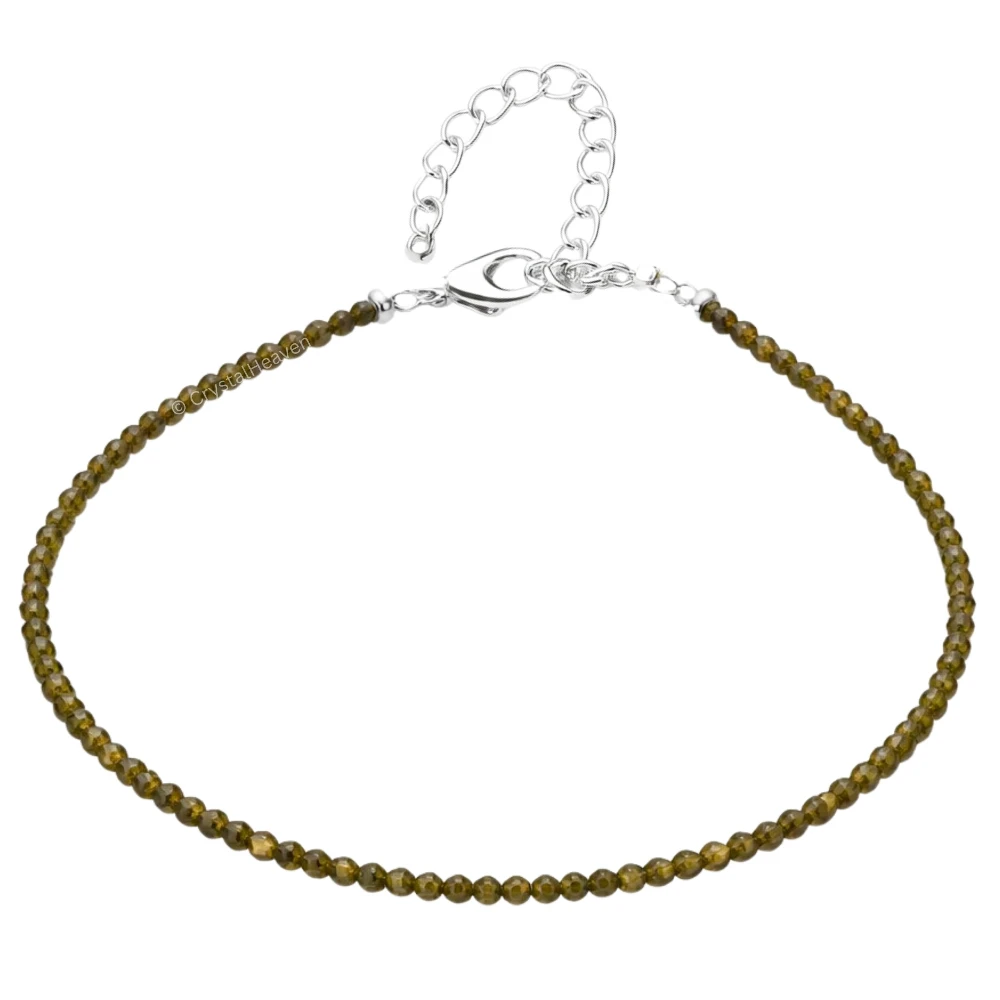 Green Cats Eye Anklet - 2mm Faceted Beads (Silver)