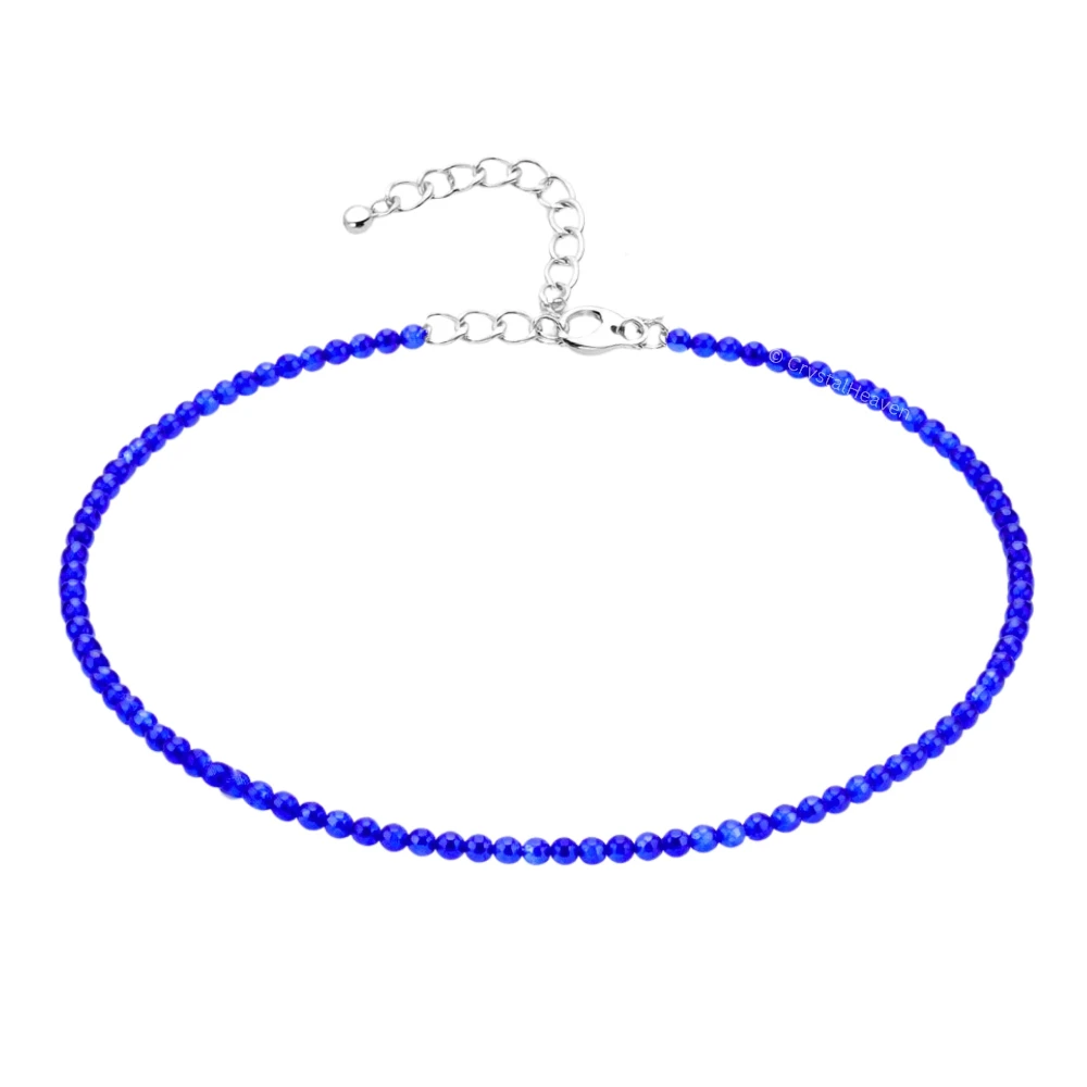 Royal Blue Chalcedony Anklet - 2mm Faceted Beads (Silver)