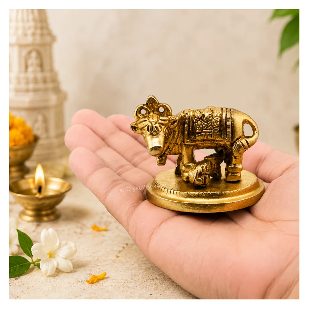 Kamdhenu Cow and Calf Bass Idol Figurine (227 Gram, 2.2 Inch)