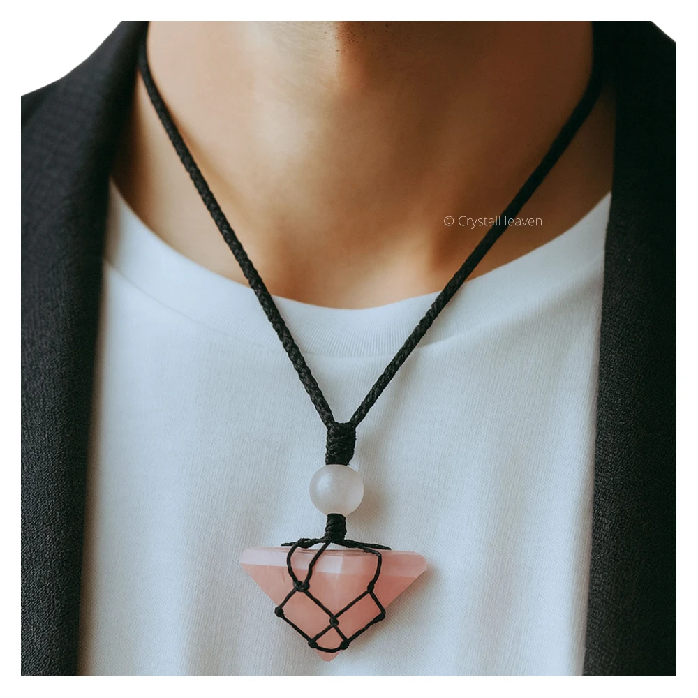 Rose Quartz Pyramid Macrame Pendant Necklace