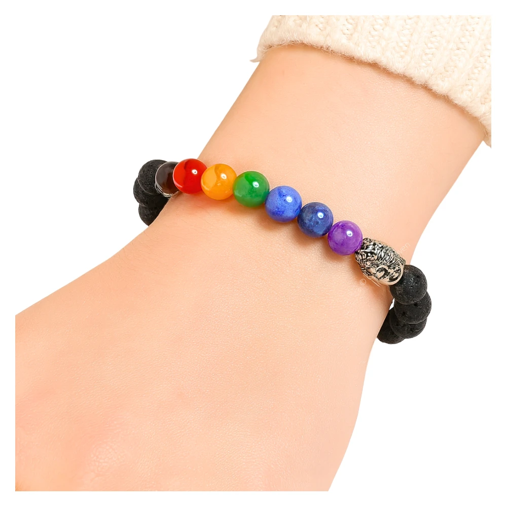 Lava Stone Chakra with Buddha Bracelet (Elastic)