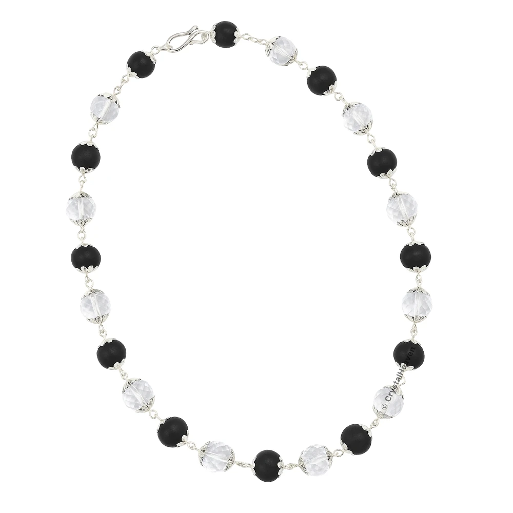 Karungali and Sphatik Mala Necklace (Silver Chain - Faceted)