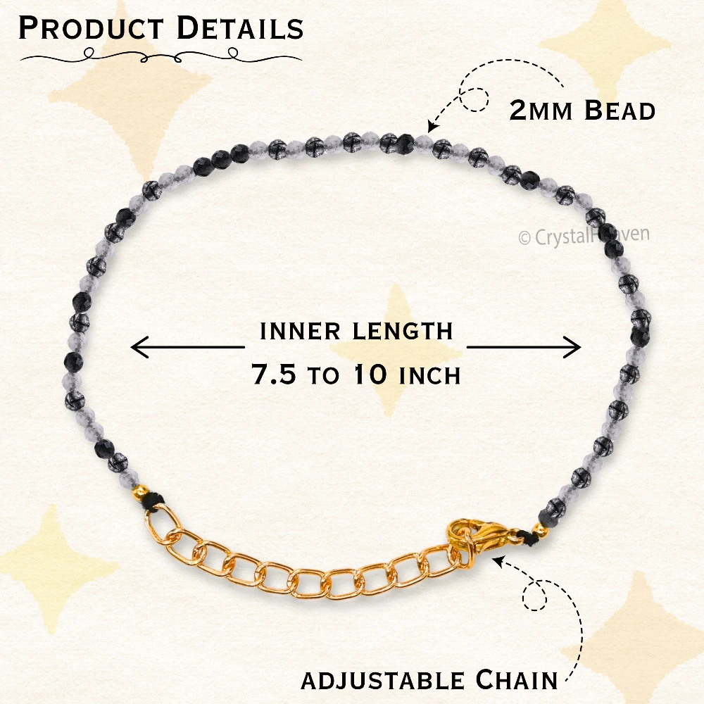 Black Rutilated Quartz Bracelets - 2mm Faceted Beads (Gold)