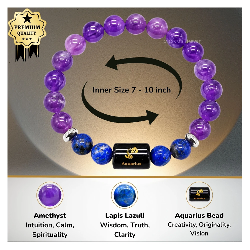 Aquarius Bracelet (कुंभ राशि) - Amethyst & Lapis Lazuli (With Selenite Plate)