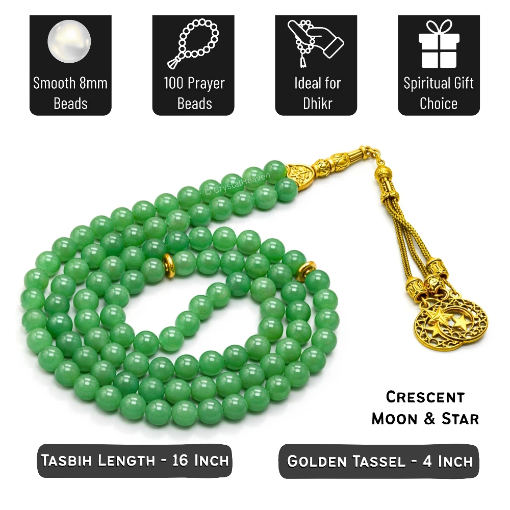 Green Aventurine Crystal Tasbih (Gold)