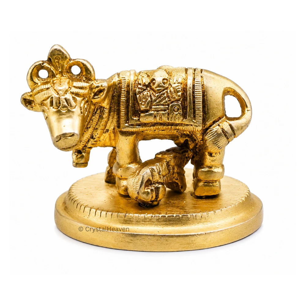 Kamdhenu Cow and Calf Bass Idol Figurine (227 Gram, 2.2 Inch)
