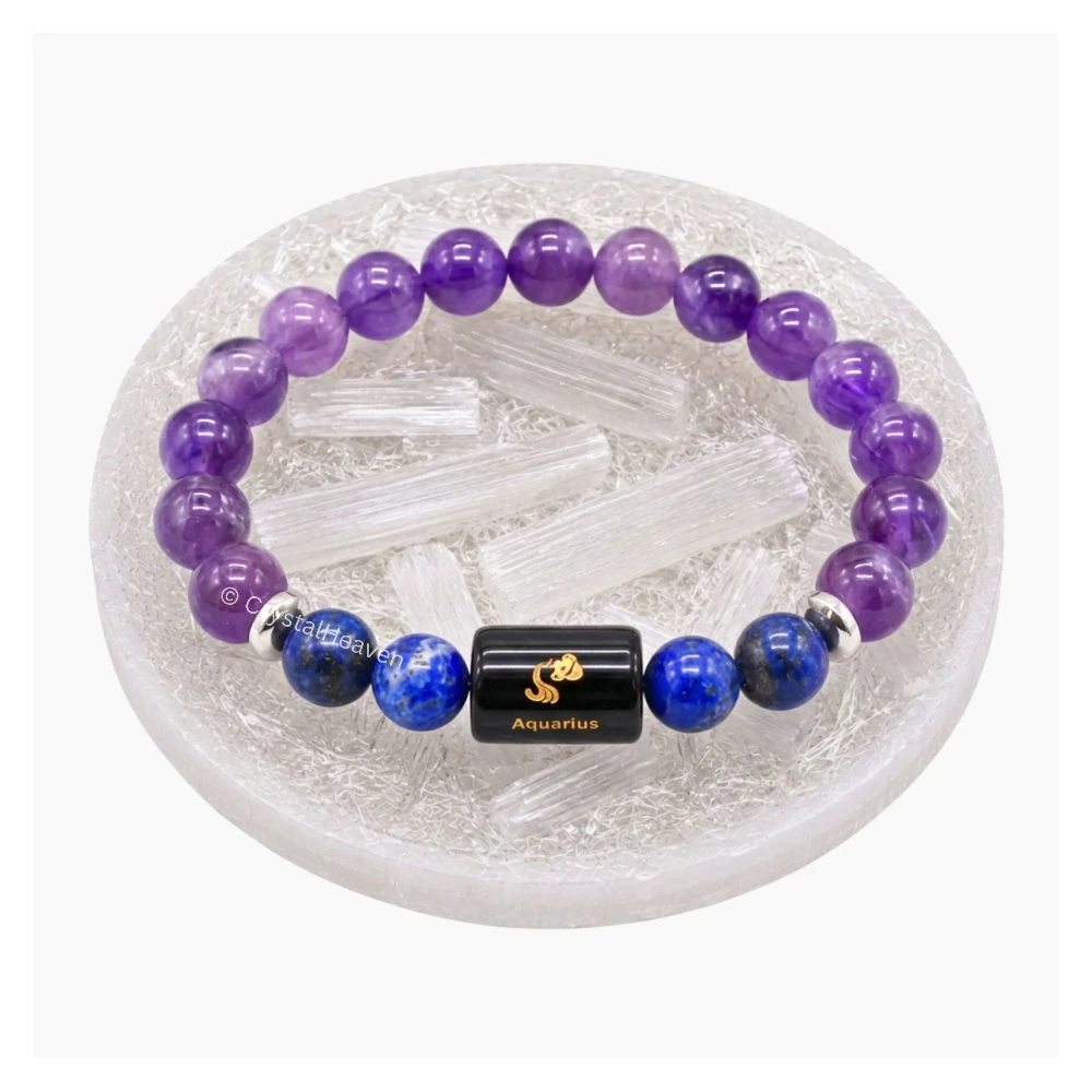 Aquarius Bracelet (कुंभ राशि) - Amethyst & Lapis Lazuli (With Selenite Plate)