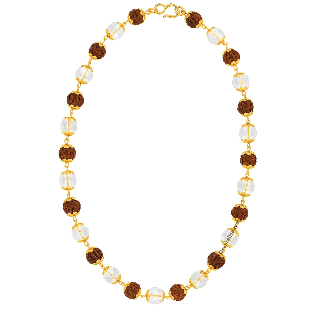 Rudraksha and Sphatik Mala Necklace (Gold Chain - Faceted)