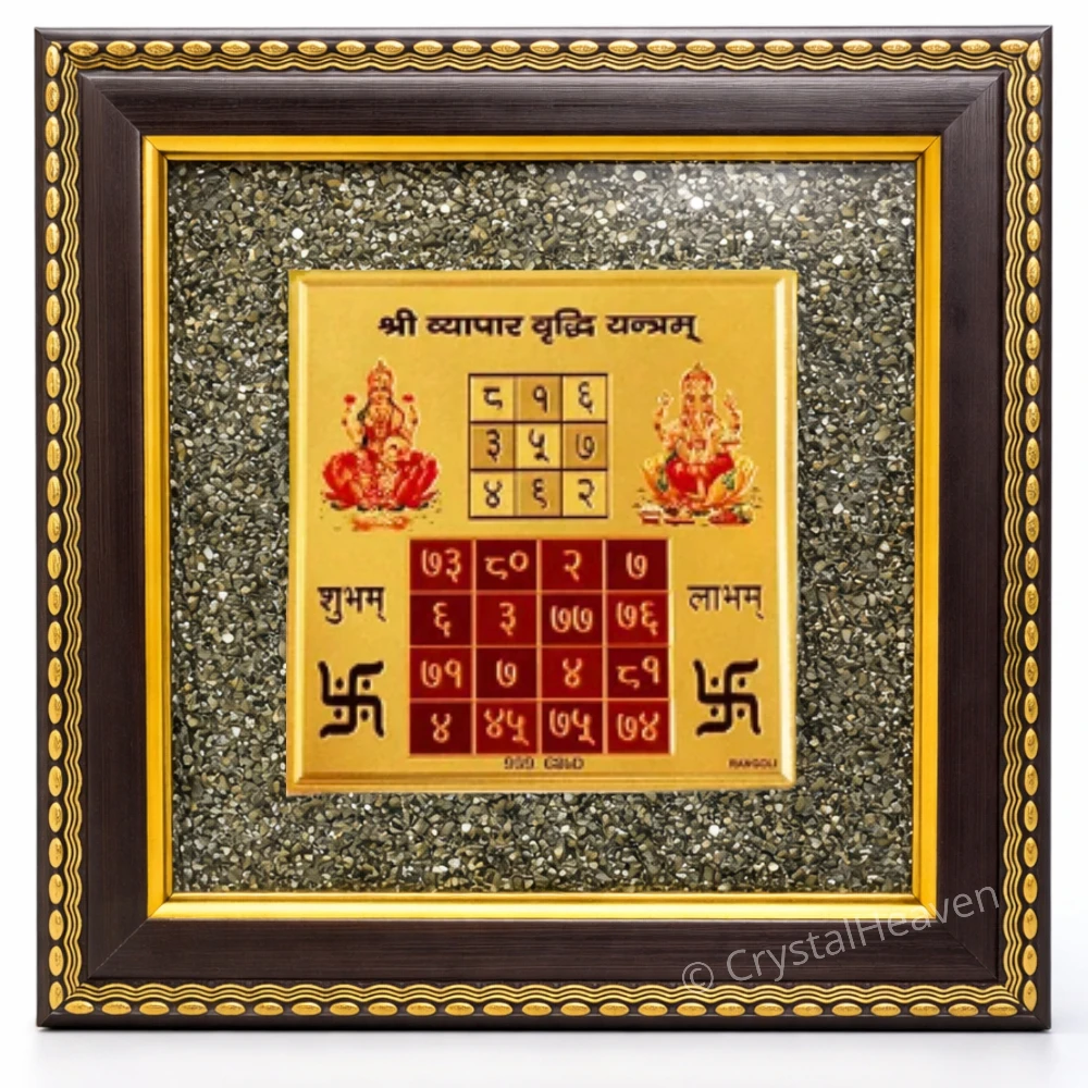 Golden Vyapar Vridhi Yantra on Natural Pyrite Frame – Vastu Decor