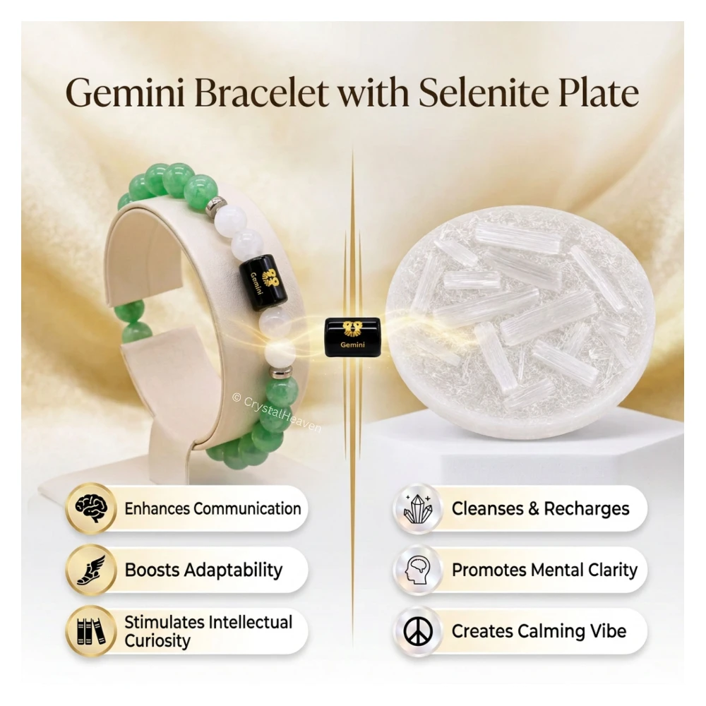 Gemini Bracelet (मिथुन राशि) - Green Aventurine & Milky Quartz (With Selenite Plate)
