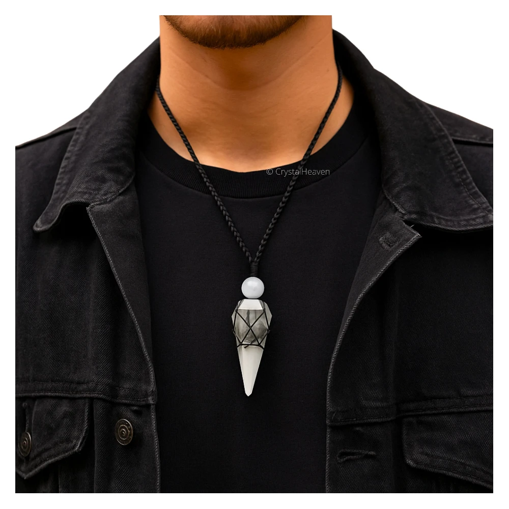 Black Rutilated Quartz Pendulum Pendant Necklace (Macrame)