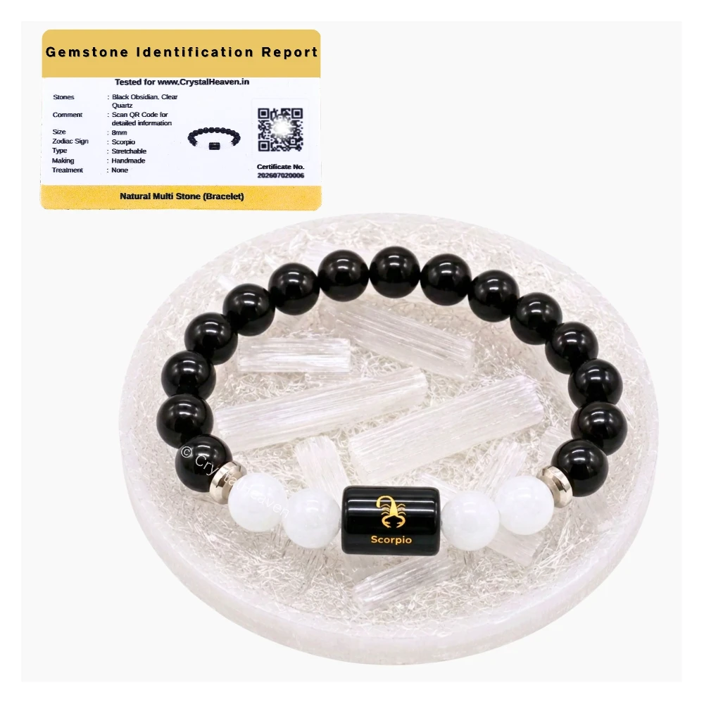 Scorpio Bracelet (वृश्चिक राशि) - Black Obsidian & Milky Quartz (With Selenite Plate)