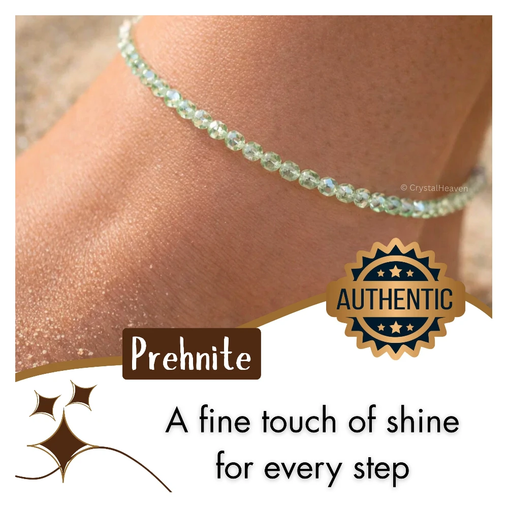 Prehnite Anklet - 2mm Faceted Beads (Silver)