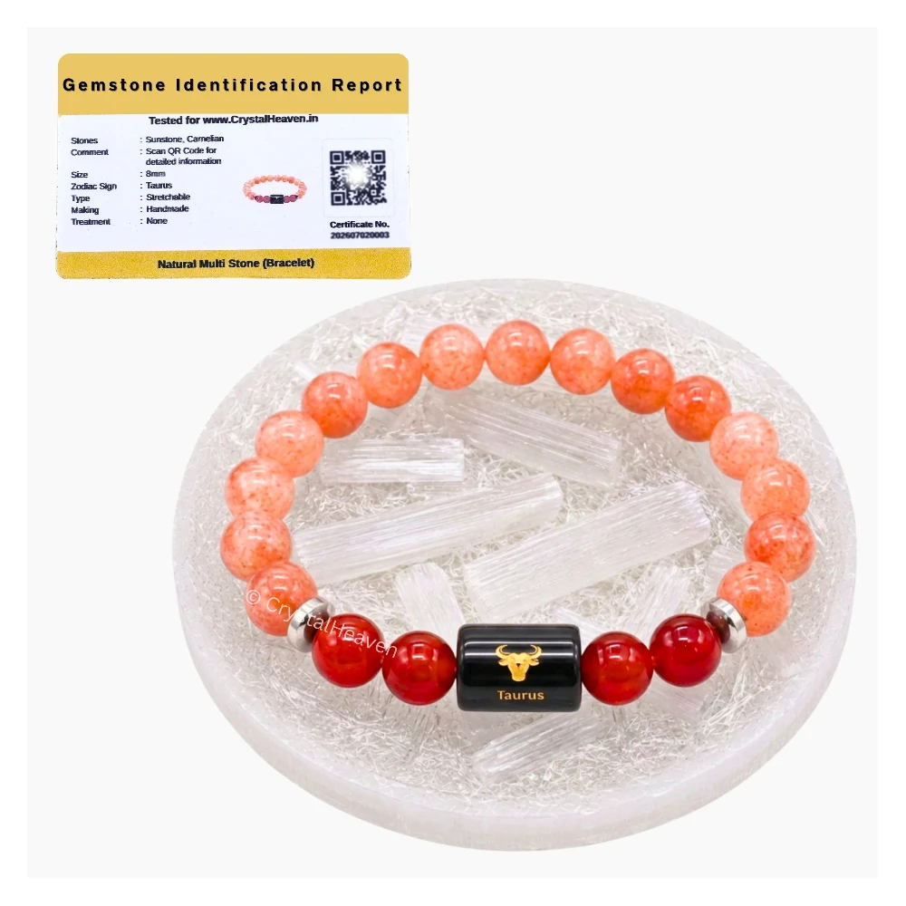 Taurus Bracelet (वृषभ राशि) - Sunstone & Carnelian (With Selenite Plate)