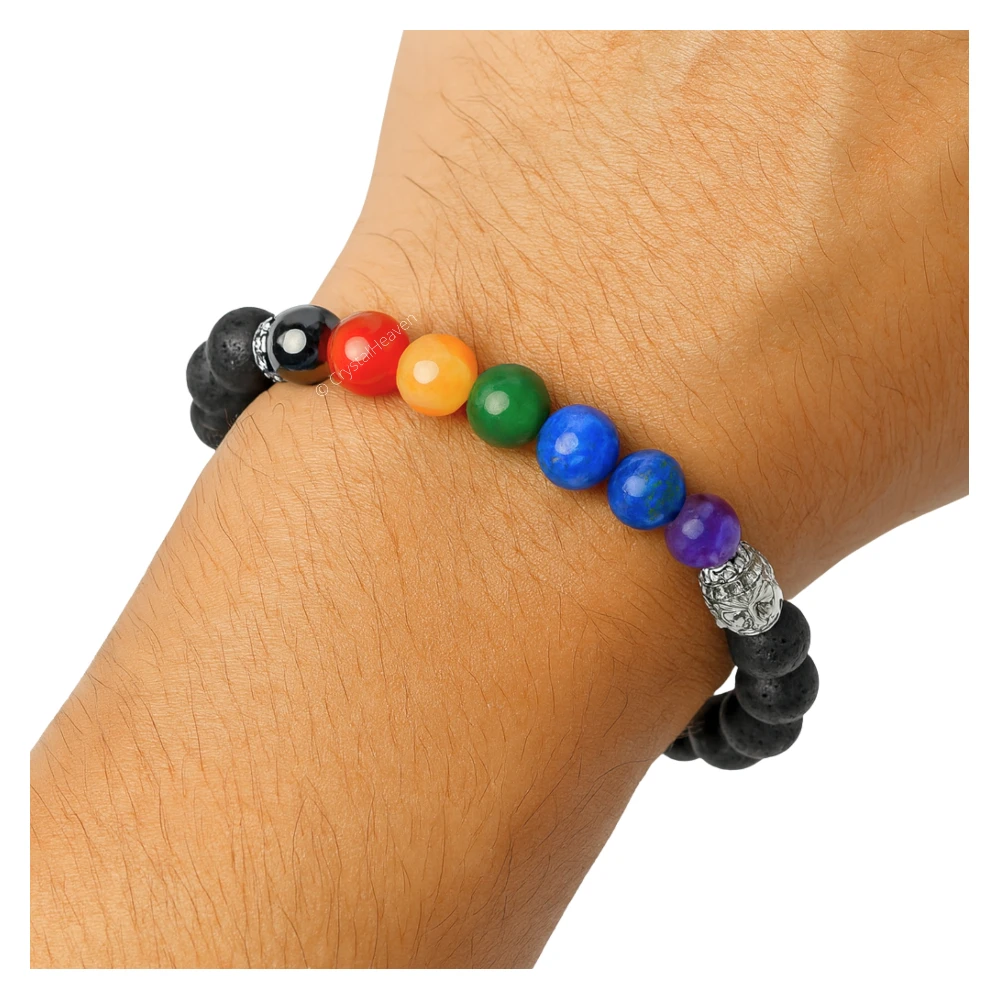 Lava Stone Chakra with Buddha Bracelet (Elastic)