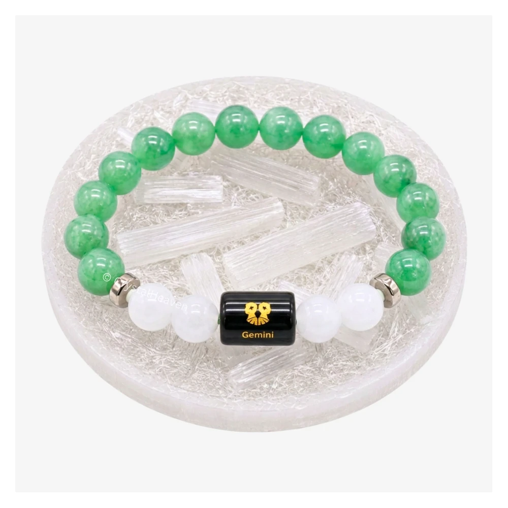Gemini Bracelet (मिथुन राशि) - Green Aventurine & Milky Quartz (With Selenite Plate)