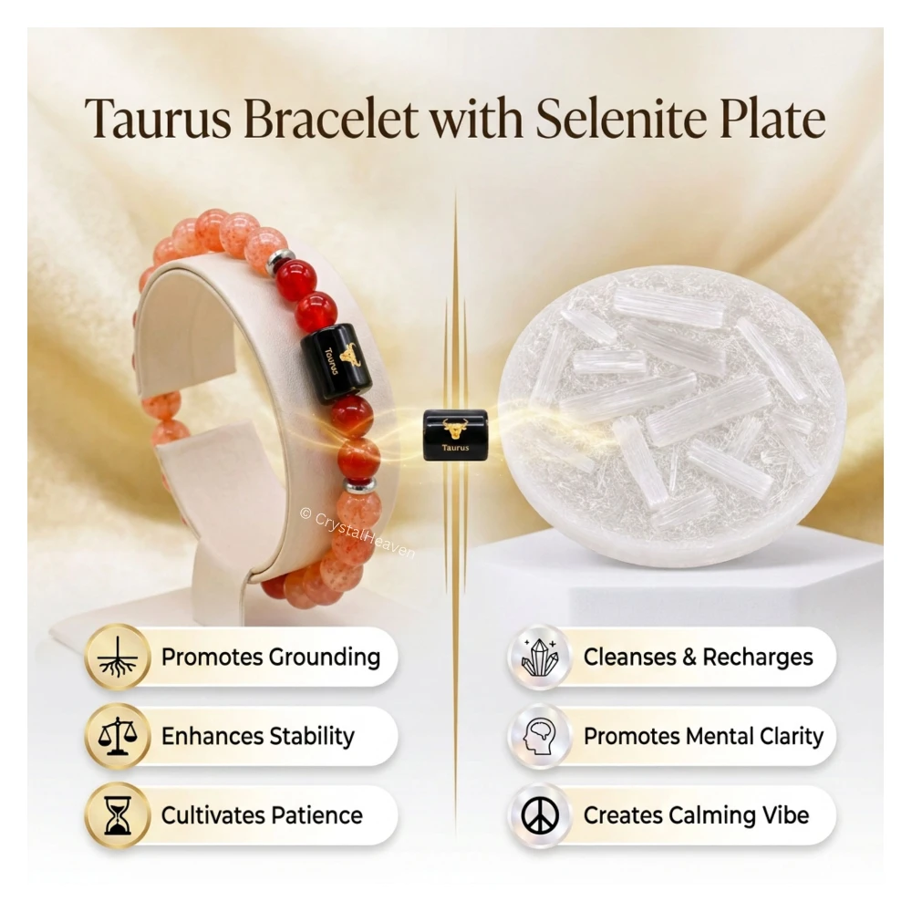 Taurus Bracelet (वृषभ राशि) - Sunstone & Carnelian (With Selenite Plate)