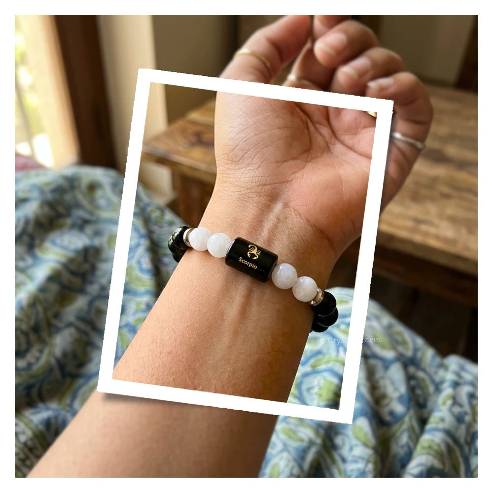 Scorpio Bracelet (वृश्चिक राशि) - Black Obsidian & Milky Quartz (With Selenite Plate)