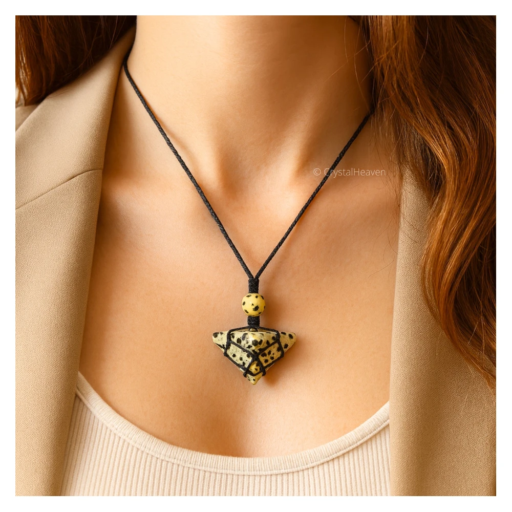 Dalmatian Jasper Pyramid Macrame Pendant Necklace