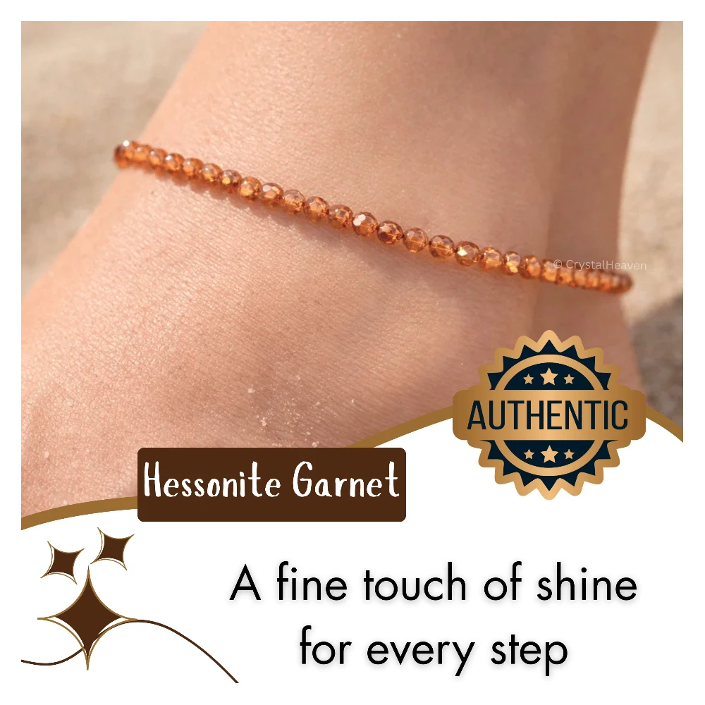 Hessonite Garnet Anklet - 2mm Faceted Beads (Silver)