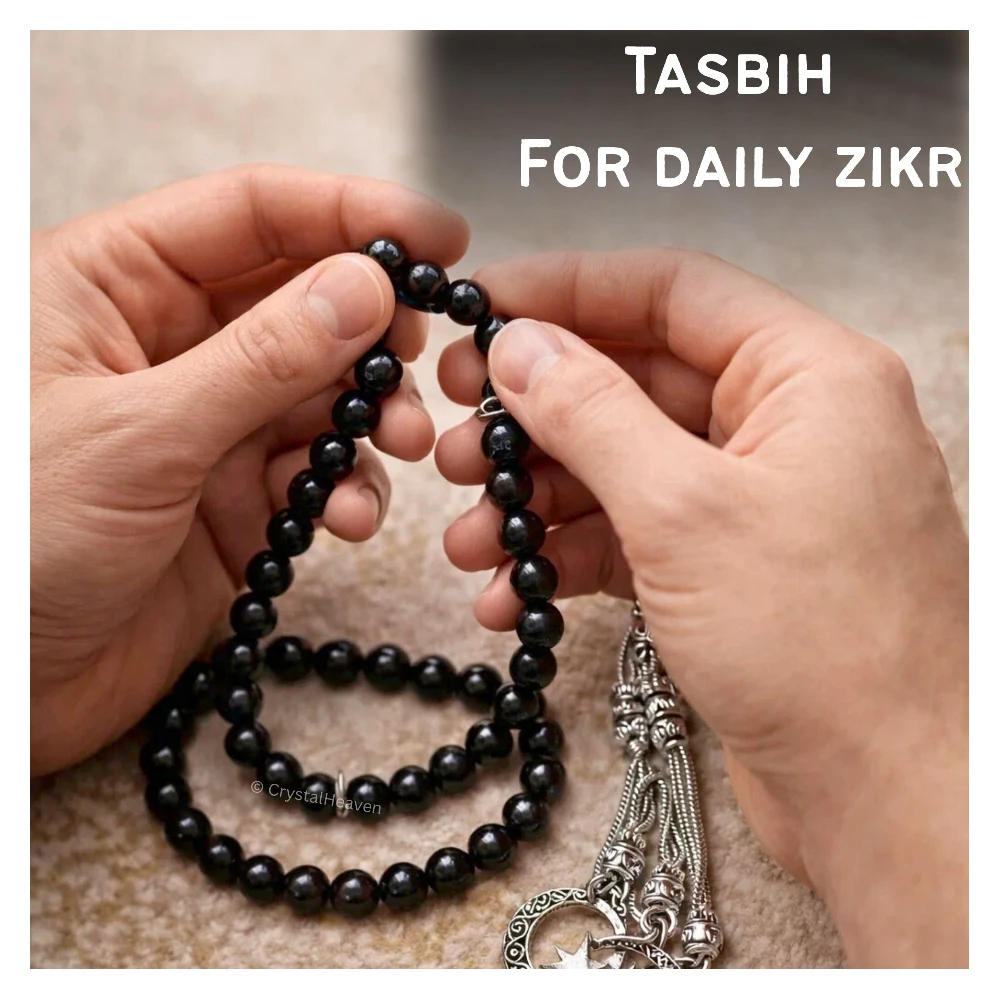 Black Tourmaline Crystal Tasbih (Silver)