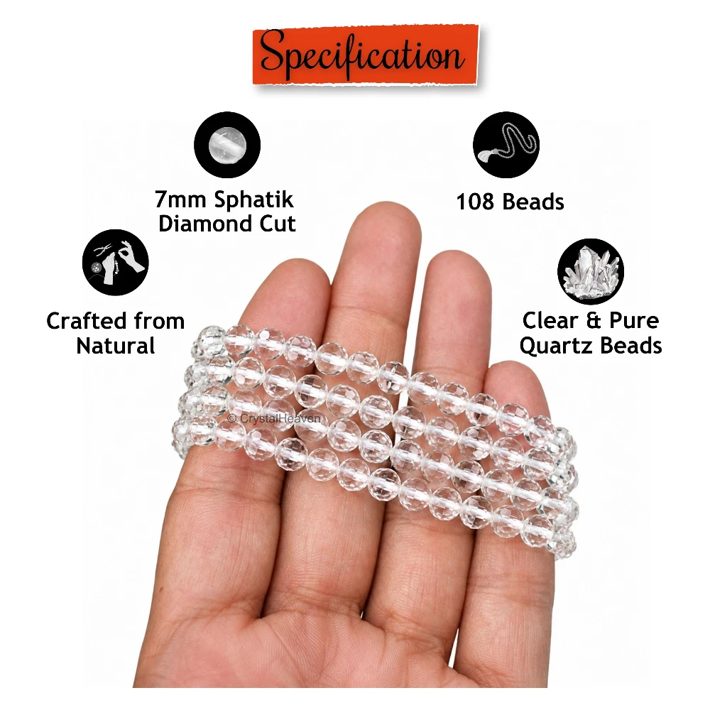 Sphatik Mala - Diamond Cut 108 Beads (7mm) (Without Knot)