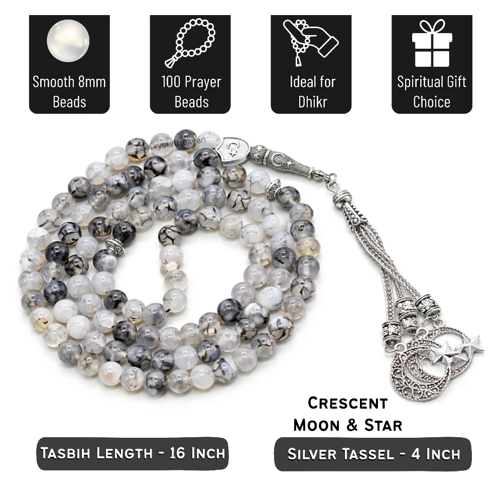 Dragon Vein Agate Crystal Tasbih (Silver)