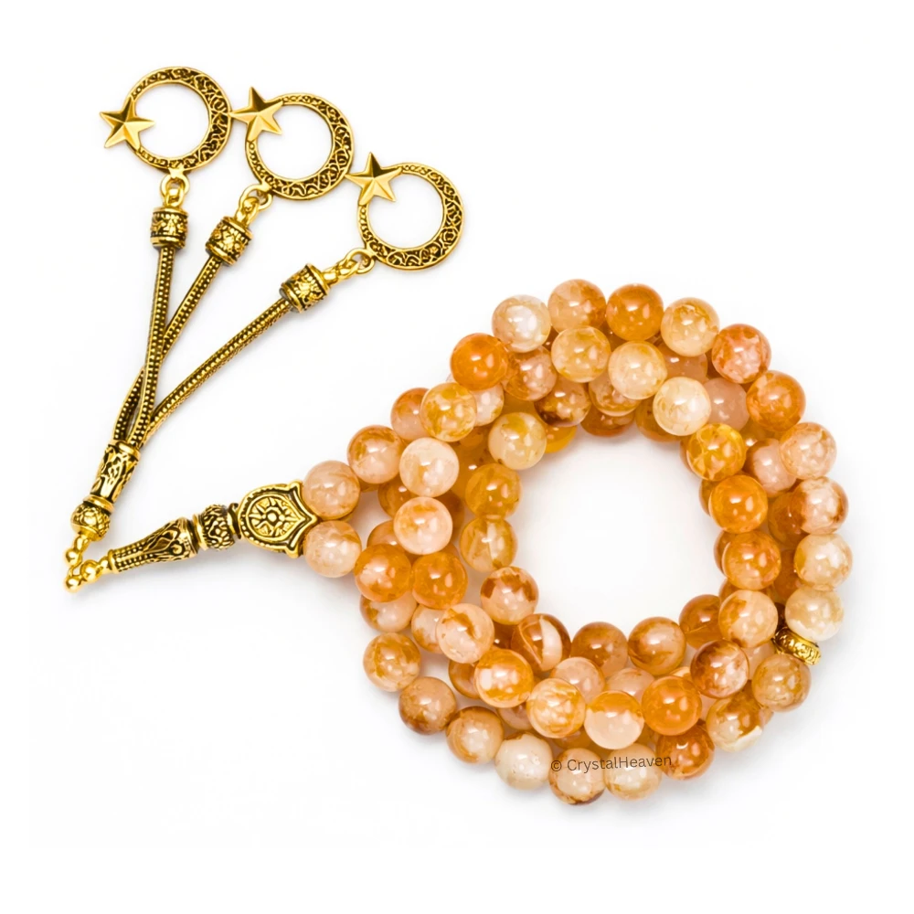 Natural Citrine Crystal Tasbih (Gold)