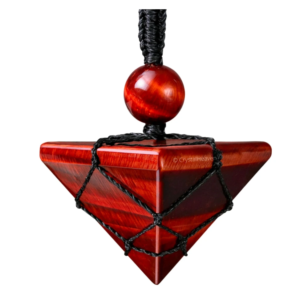 Red Tiger Eye Pyramid Macrame Pendant Necklace