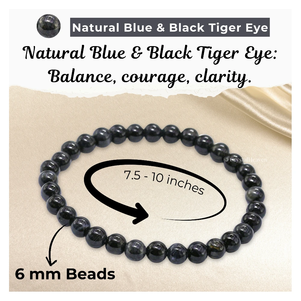 Blue & Black Tiger Eye Healing Crystal Bracelets - 6mm Beads