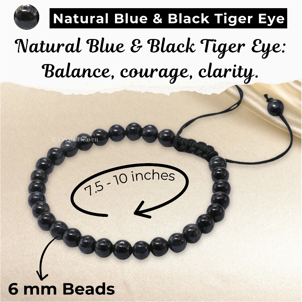 Blue & Black Tiger Eye Healing Crystal Bracelets - 6mm Beads (Adjustable)