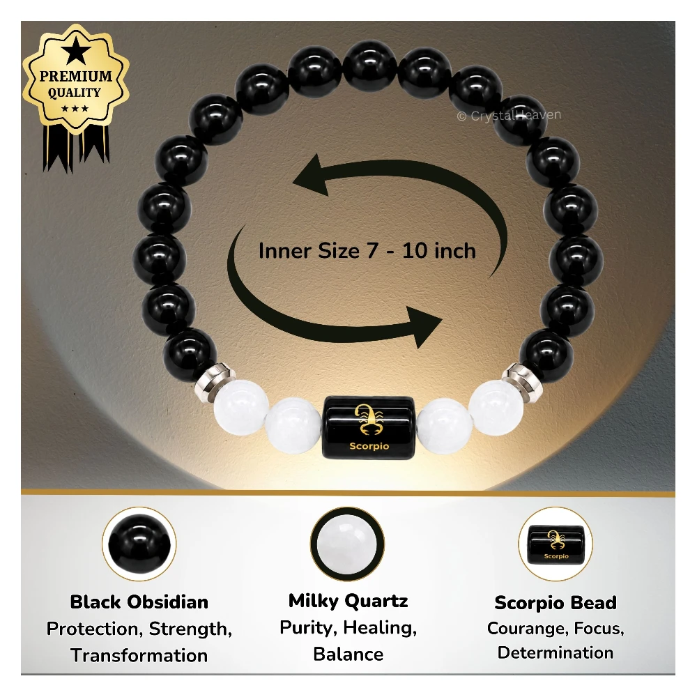 Scorpio Bracelet (वृश्चिक राशि) - Black Obsidian & Milky Quartz (With Selenite Plate)