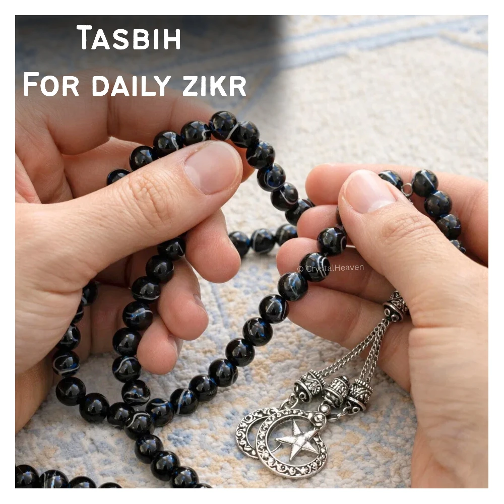 Black Banded Agate Crystal Tasbih (Silver)