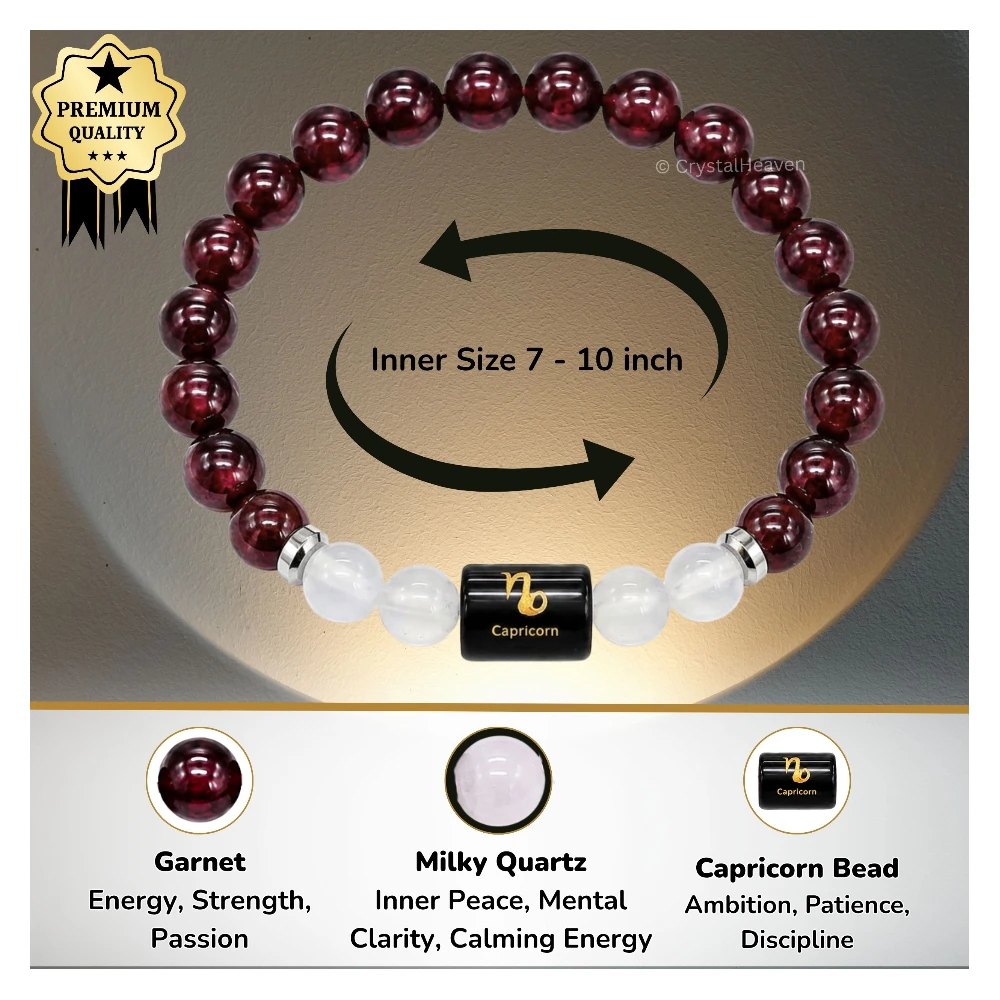 Capricorn Bracelet (मकर राशि) - Garnet & Milky Quartz (With Selenite Plate)