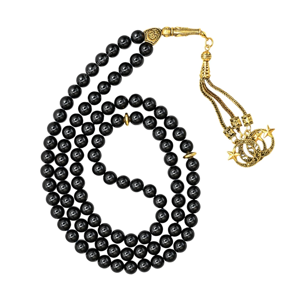 Black Tourmaline Crystal Tasbih (Gold)
