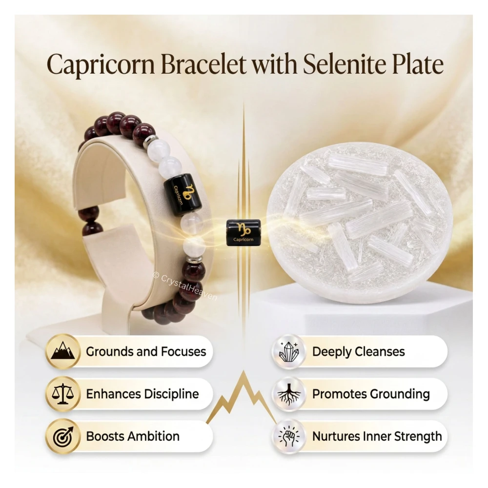 Capricorn Bracelet (मकर राशि) - Garnet & Milky Quartz (With Selenite Plate)