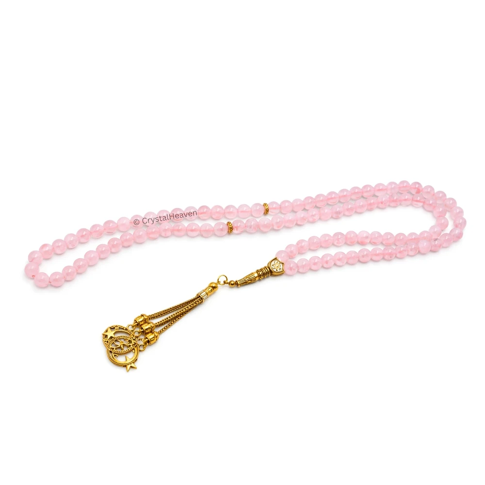Rose Quartz Crystal Tasbih (Gold)