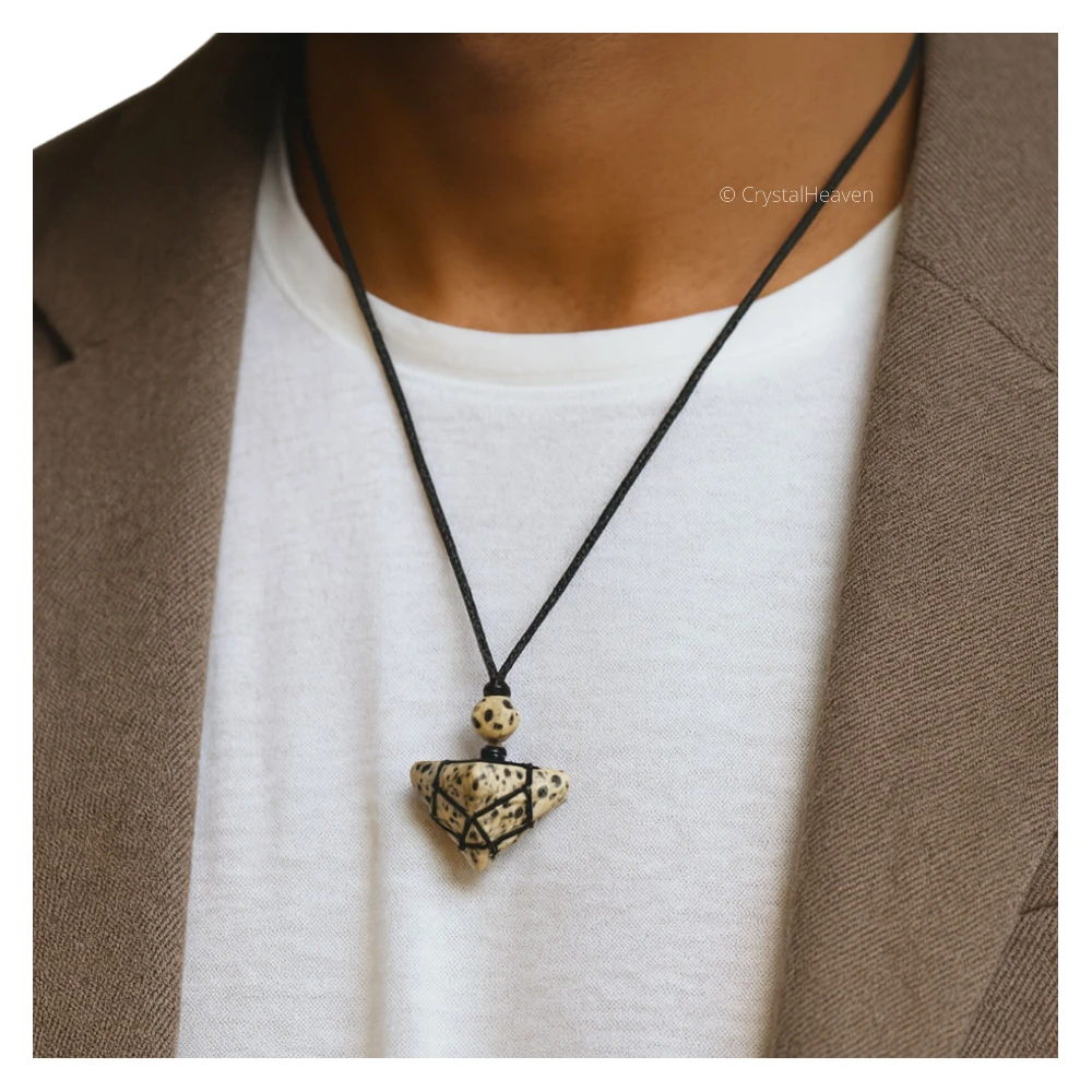 Dalmatian Jasper Pyramid Macrame Pendant Necklace
