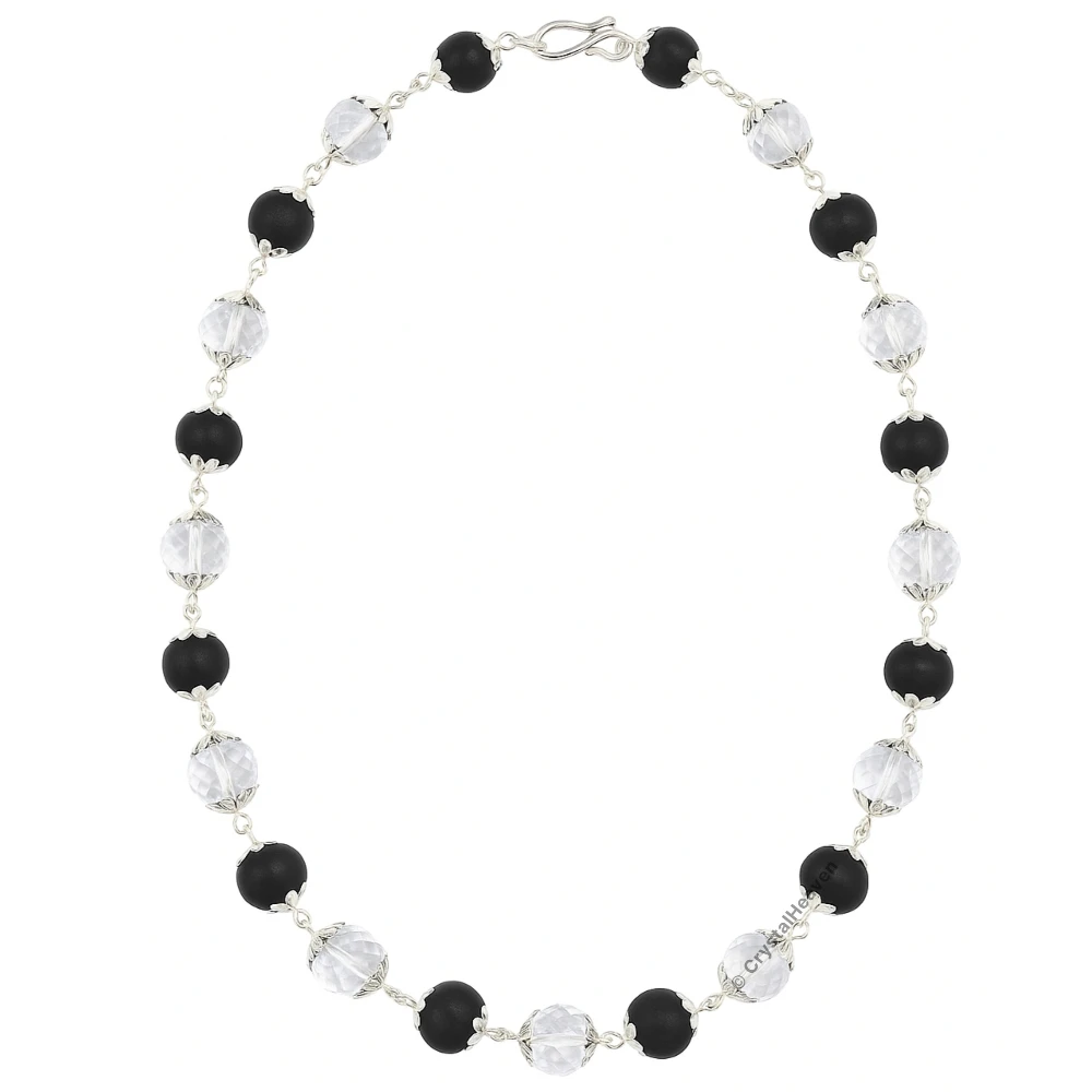 Karungali and Sphatik Mala Necklace (Silver Chain - Faceted)